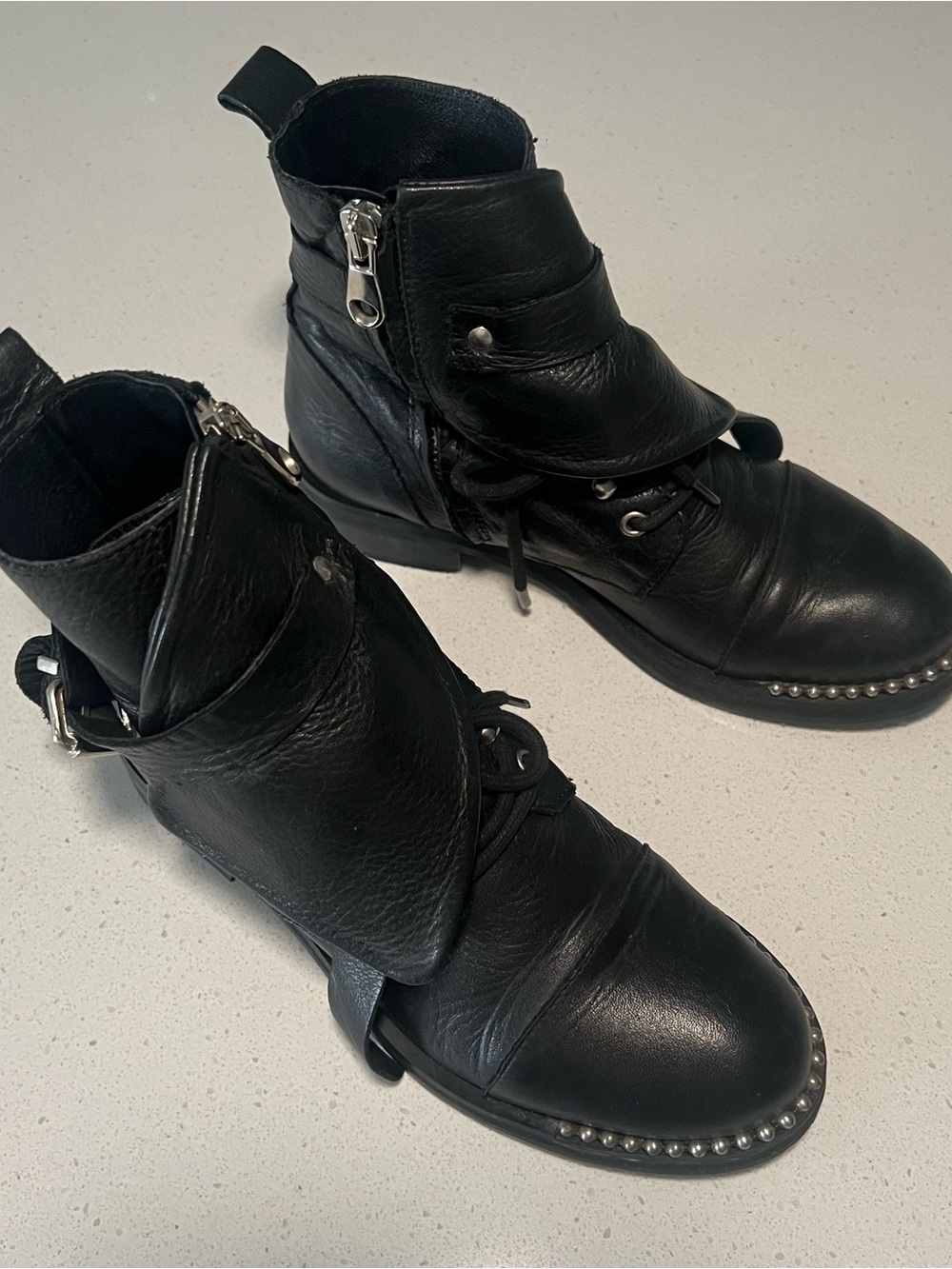 Women’s Black 100% Leather Studded Ankle Boots Made in Italy 37